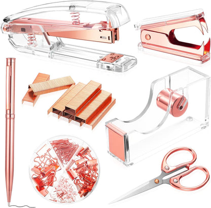 Office Supplies Set Desk Accessory Kit, Acrylic Stapler Set Staple Remover, Tape Dispenser, Binder Clips, Paper Clips, Ballpoint Pen and Scissor with 1000 Pieces 26/6 Staples (Silver)