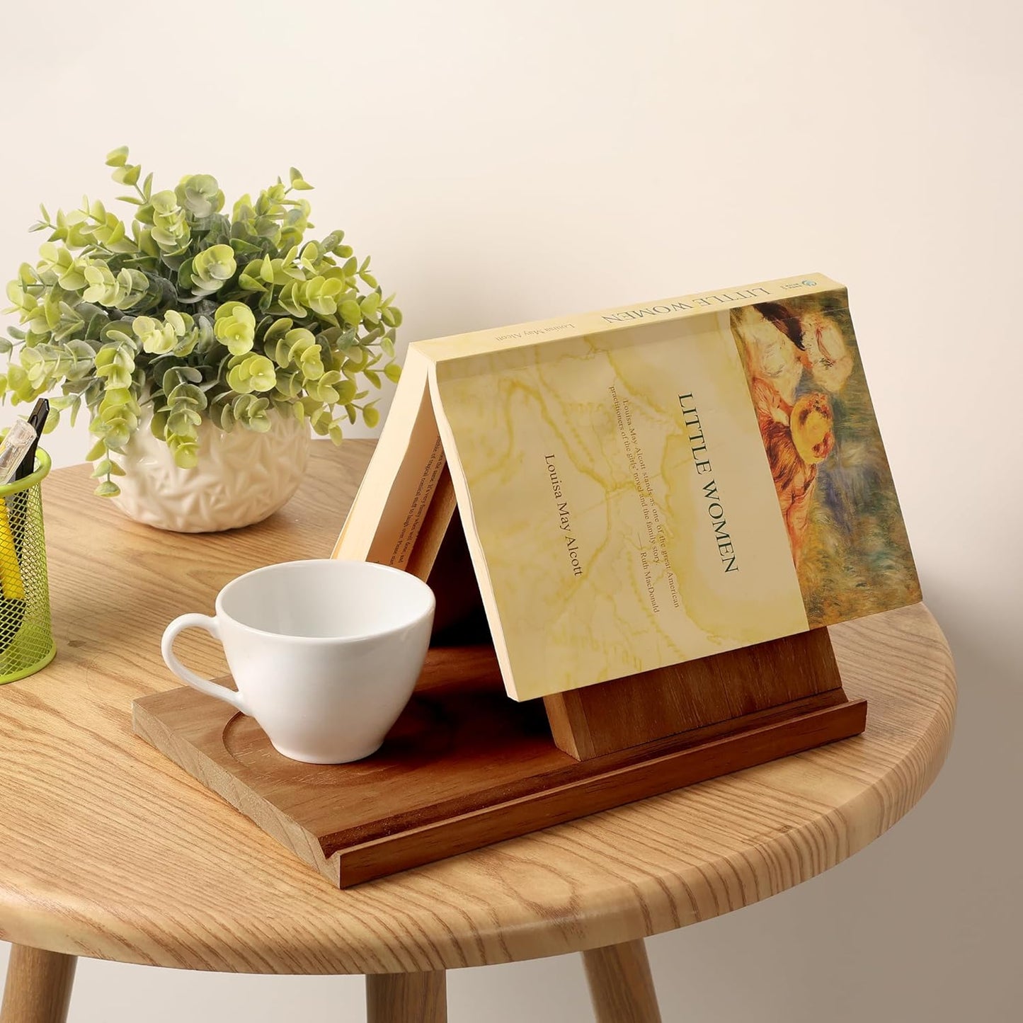 LITIVY Wooden Book Holder with Drink Holder, Wooden Triangle Bookmark Reading Rest with Slotted, Book Display Bookmark Book Holder Decor for Coffee and Book Lover Gifts (Greenish Gray)