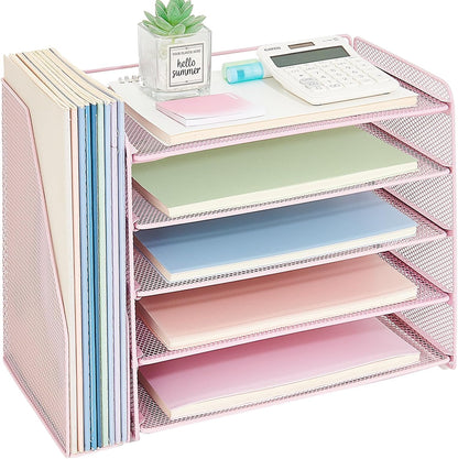OPNICE Desk Organizer, 5-Tier Paper Organizer Letter Tray with Magazine Holder, Office Desk Accessories & Workspace Organizers, Desktop File Organizer for Office Supplies Storage, Black