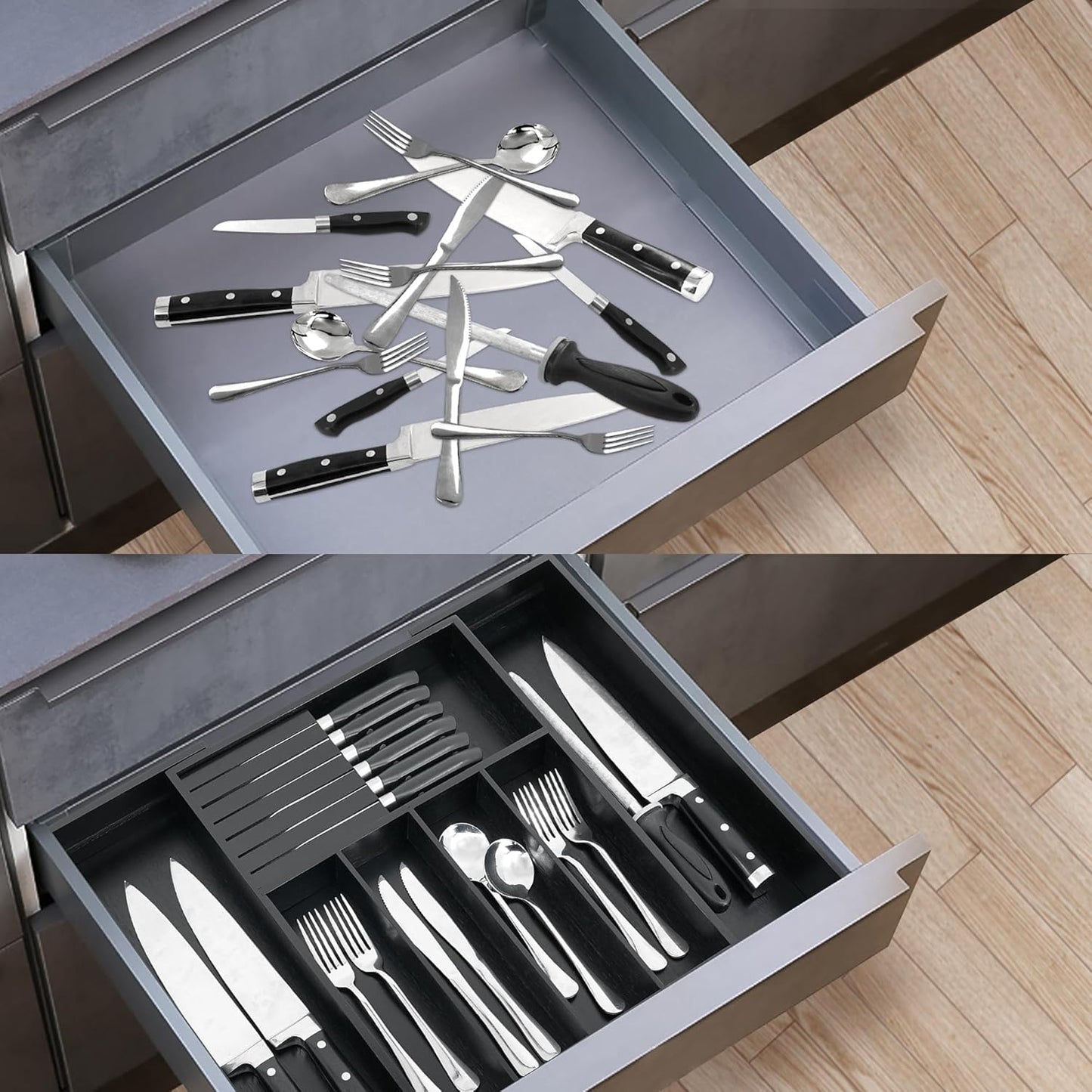 VaeFae Bamboo Silverware Drawer Organizer Kitchen, Expandable Utensil Organizer with Knife Block, Cutlery Tray with Divider, Multifunctional Drawer Organizer