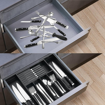 VaeFae Bamboo Silverware Drawer Organizer Kitchen, Expandable Utensil Organizer with Knife Block, Cutlery Tray with Divider, Multifunctional Drawer Organizer
