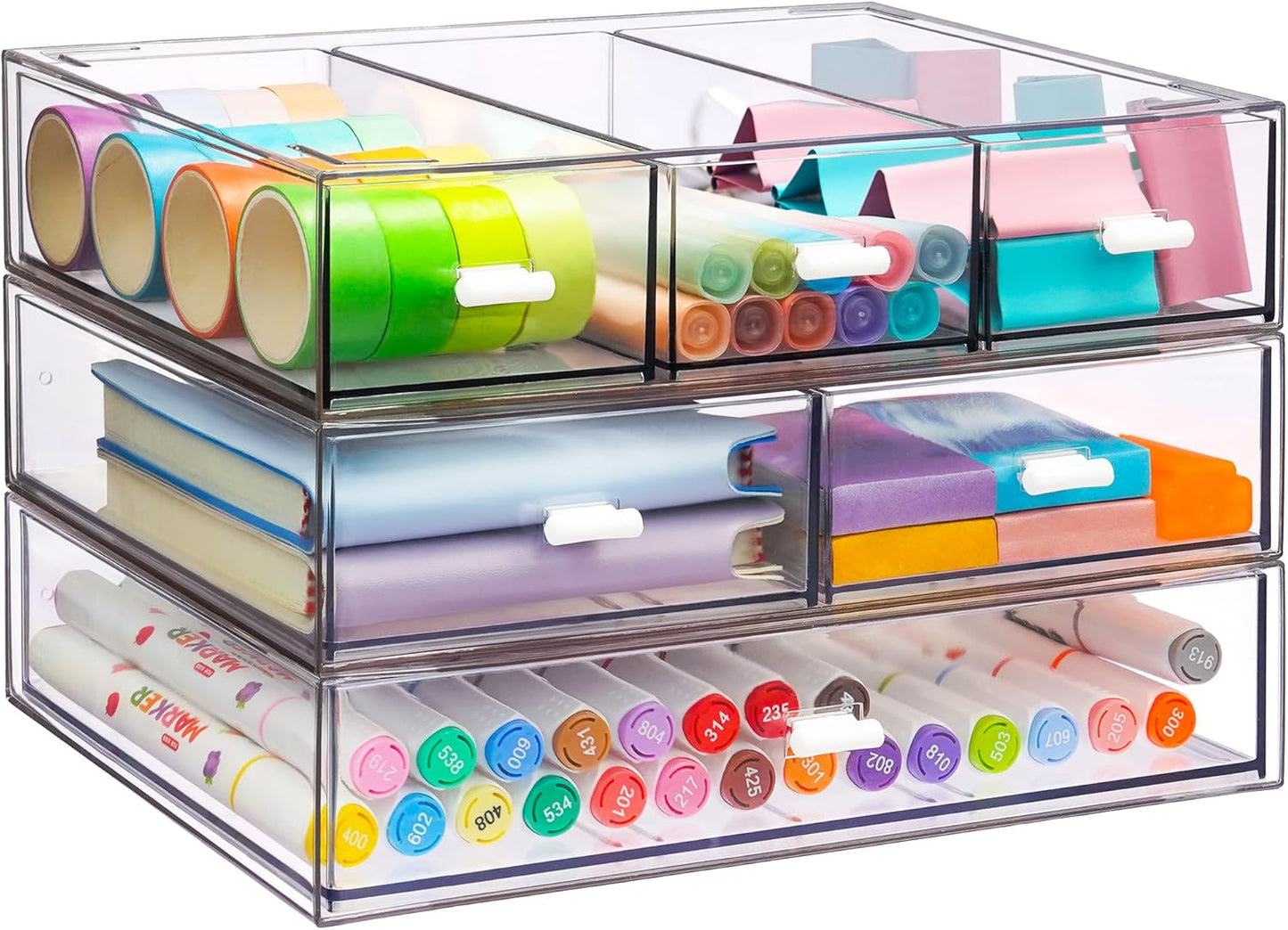 3 Tier Stackable Desk Organizer with 6 Drawers, YOCOMEY Plastic Desktop Storage Box Drawers, Detachable Makeup Storage Office Stationery Supplies Organizer for Office School(Clear)