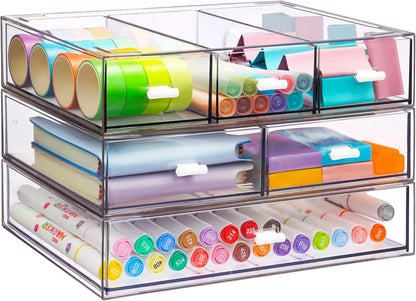 3 Tier Stackable Desk Organizer with 6 Drawers, YOCOMEY Plastic Desktop Storage Box Drawers, Detachable Makeup Storage Office Stationery Supplies Organizer for Office School(Clear)
