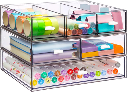 3 Tier Stackable Desk Organizer with 6 Drawers, YOCOMEY Plastic Desktop Storage Box Drawers, Detachable Makeup Storage Office Stationery Supplies Organizer for Office School(Clear)