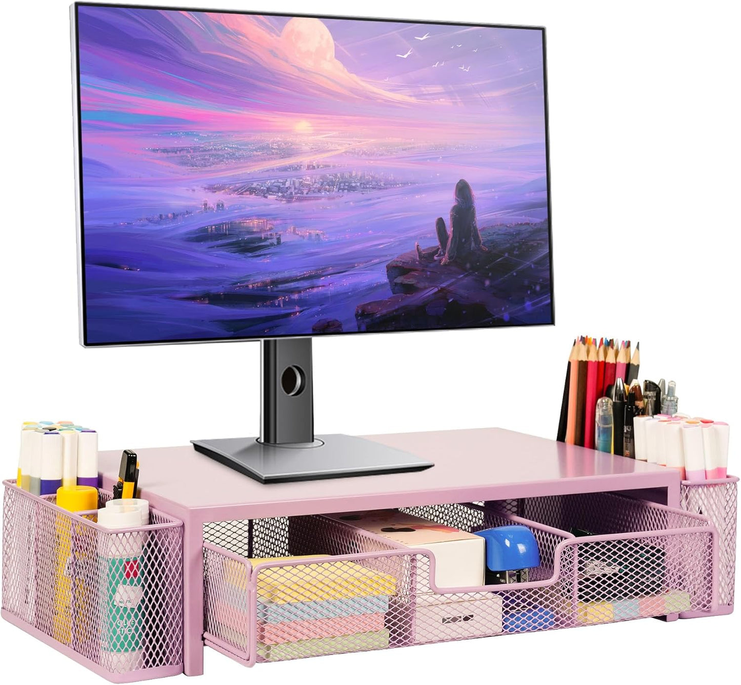 Qupui Computer Monitor Stand Riser with Drawer and Pen Holders, Desk Organizer Shelf and Accessories, Office Desk Accessories, Office Organization, Black