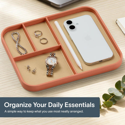 Nordik Leather Valet Tray - Sand Brown - 9.5 x 7.9 Inch Medium Vegan Leather Tray - Stylish Nightstand Organizer for Men - Modern Bedside Caddy - EDC Catchall for Key Watch Wallet Jewellery
