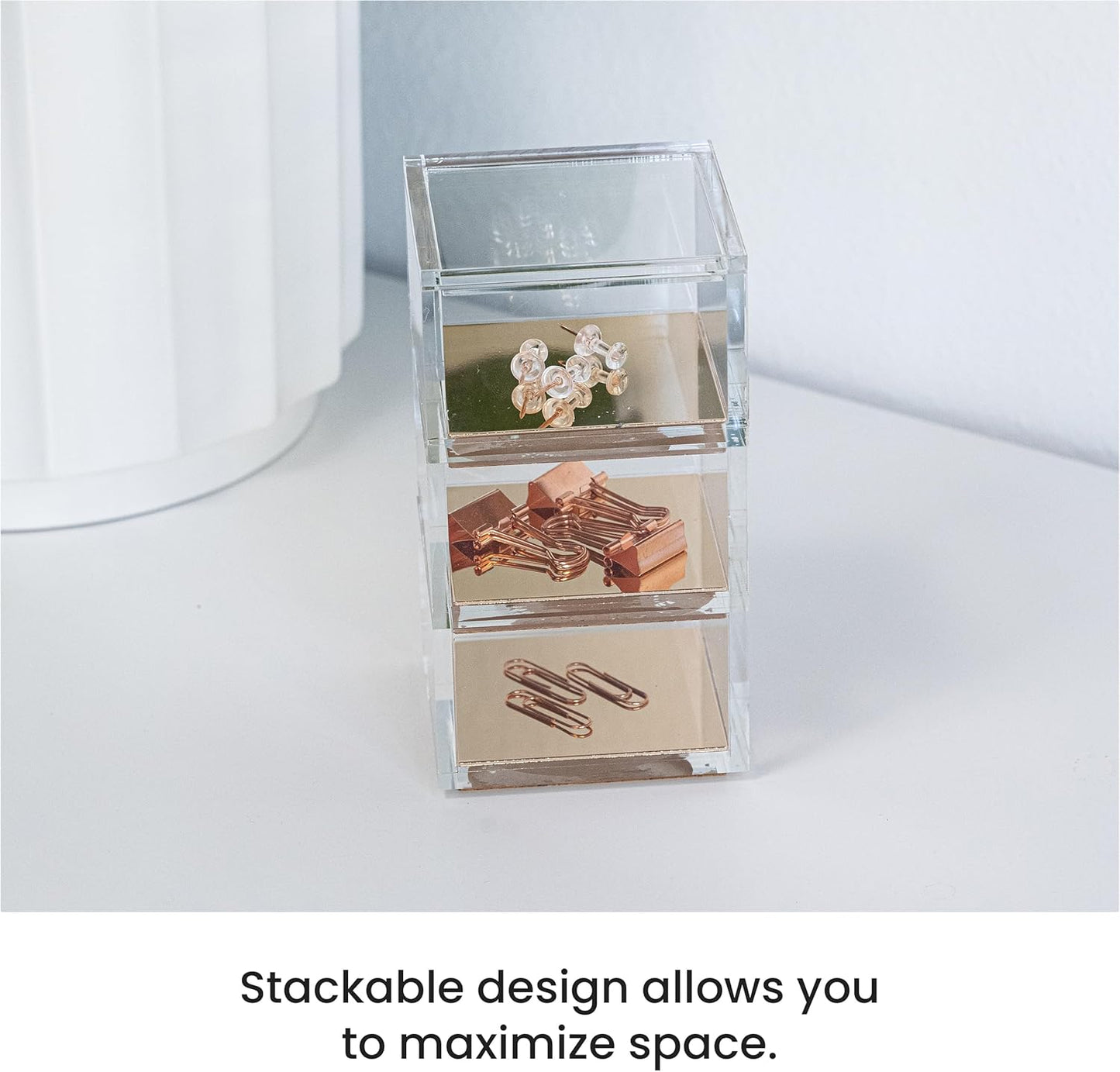 OfficeGoods 3-Tier Stackable Acrylic Holder- Stylish Desk Organizer and Storage for Office or Home – Transparent Round Design with Gold Metal Base