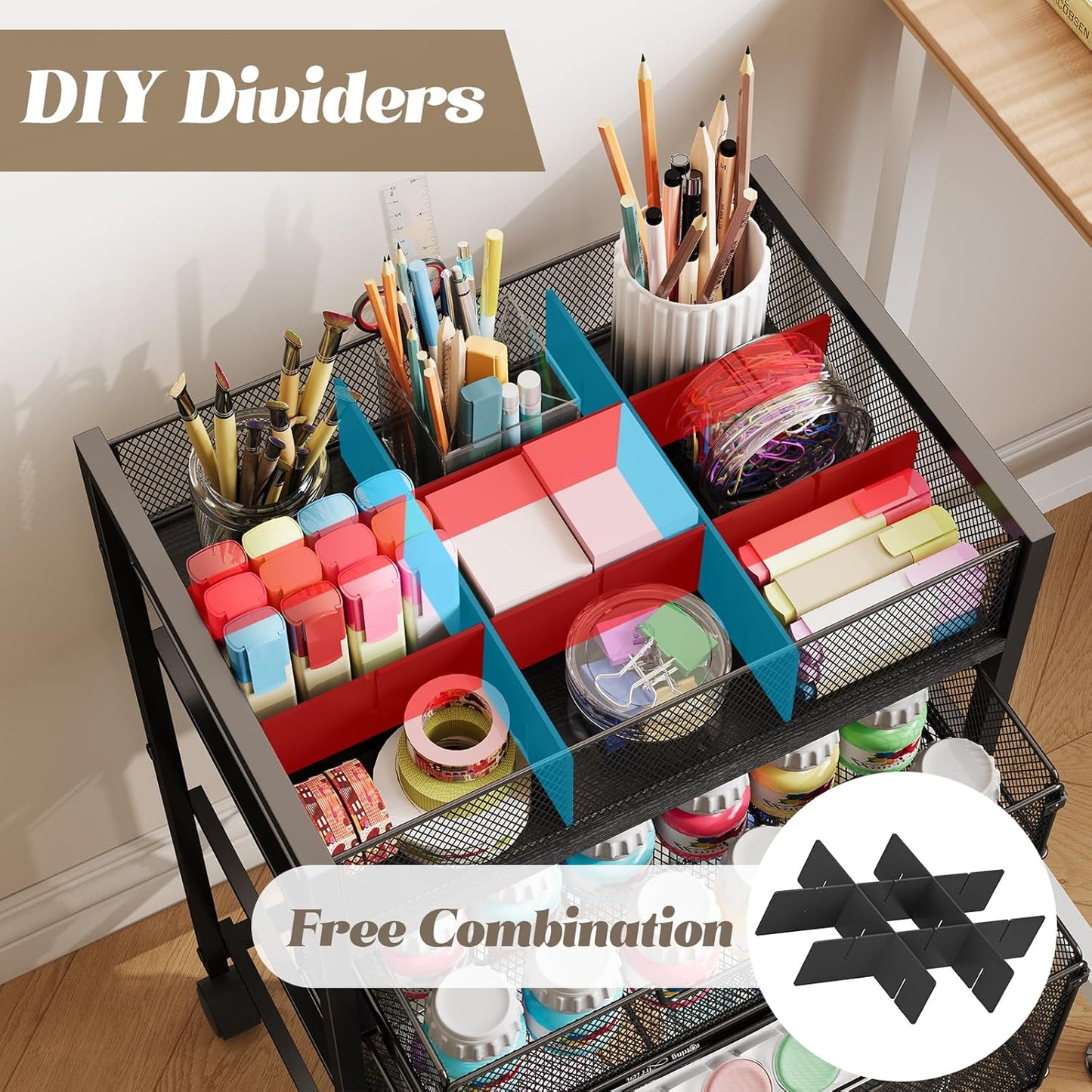Rolling Utility Cart with 3 Drawers, Craft Organizer and Storage with DIY Divider, Lockable Wheels, Multi-Functional Storage for Art Supplies, Store for Brushes & Paints & Small Parts(Patent Pending)