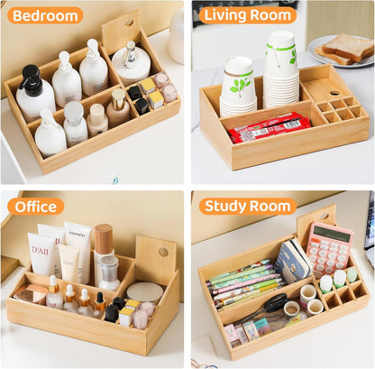 Bamboo Makeup Desk Organizer, Makeup Storage Organization Table Box, Suitable for Desk Organizer and Storage Dressing Table, Bathroom Desk, Counter