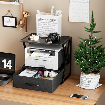aboxoo Printer Stand for Desk with Storage Drawer, 2 Tier Desktop Or UnderDesk Shelf, Multi-Purpose Desk Organizer for Home Office, fit Fax Machine/3D Printer/Scanner, Rustic Brown