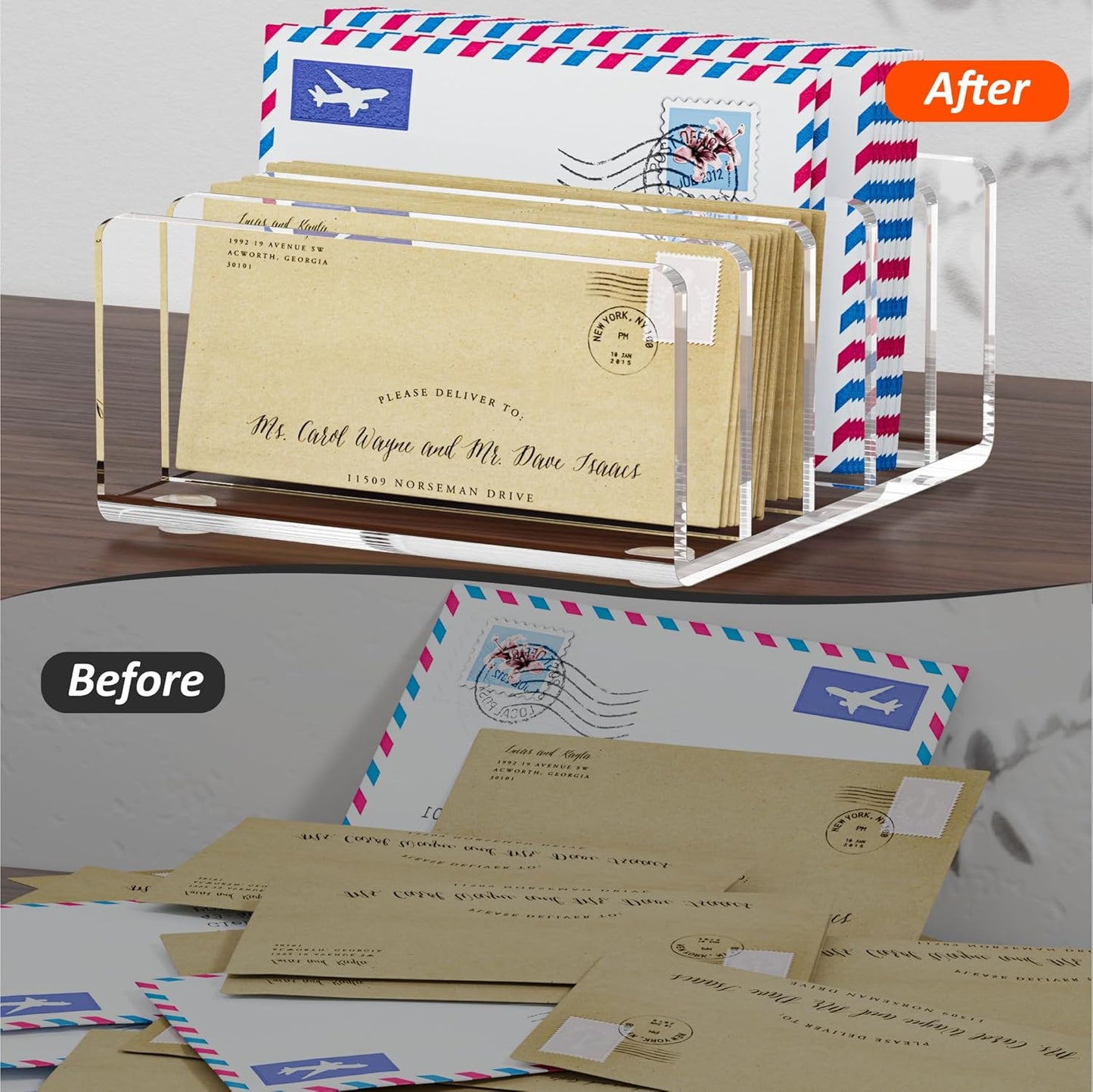 FUCDTEFC Desk Mail Organizer, 2 Section Clear Acrylic File Holder Letter Organizer, Vertical Lightweight Modern Envelope Holder Desk Accessories & Workspace Organizers for Office, Home, School