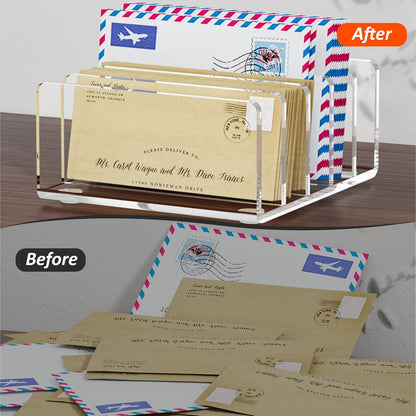 FUCDTEFC Desk Mail Organizer, 2 Section Clear Acrylic File Holder Letter Organizer, Vertical Lightweight Modern Envelope Holder Desk Accessories & Workspace Organizers for Office, Home, School