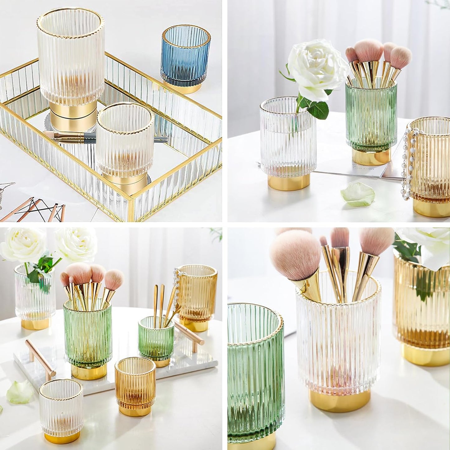 DASITON Makeup Brush holder Organizer,Crystal Cosmetic Makeup Brush Glass Brushes Storage Holder, Vintage Make Up Brush Cup Pen Pencil Holder striped vase(Coffee S)