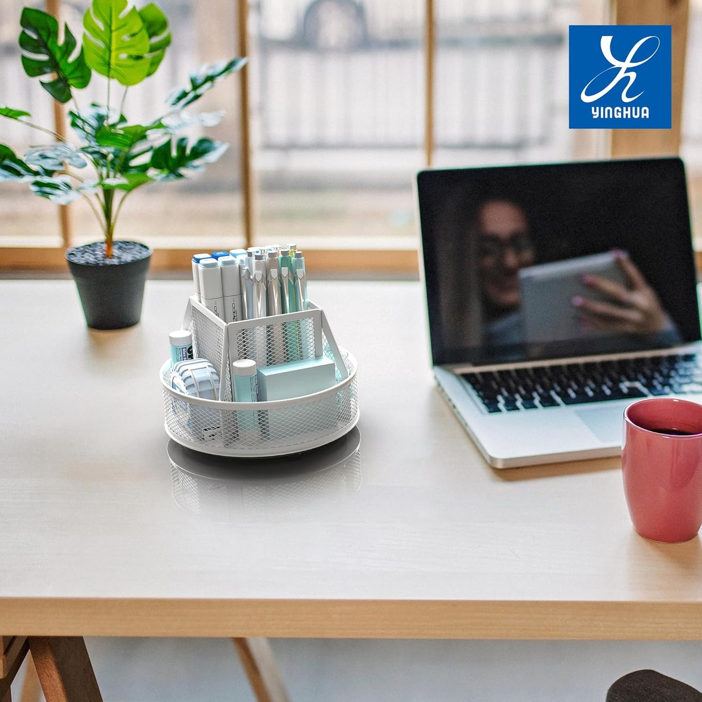 YINGHUA Metal Mesh Desk Organizer with 5 Compartments and Rotating Pencil Holder Pen and Stationery Organizer for Office Home School Anti Slip Base Blue