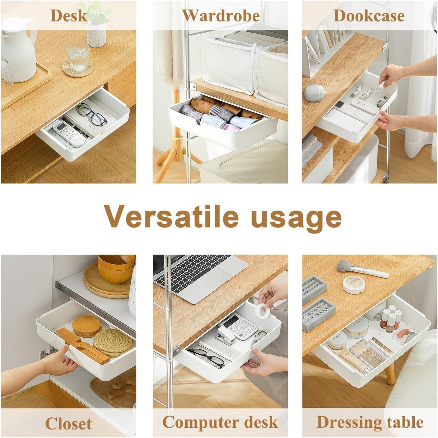 FRETONBA Large Under Desk Drawer Slide Out Organizer, Self-Adhesive Hidden Under Table Storage Drawer, Desk Drawer Attachment for Home Office Kitchen, White