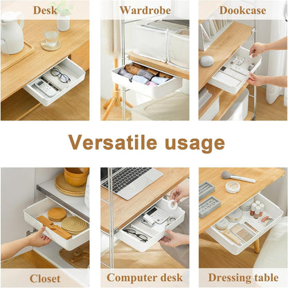 FRETONBA Large Under Desk Drawer Slide Out Organizer, Self-Adhesive Hidden Under Table Storage Drawer, Desk Drawer Attachment for Home Office Kitchen, White