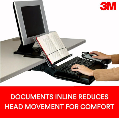 3M Adjustable Document Copy Holder, Inline with Monitor Minimizing Head and Neck Movement, 150 Sheet Capacity, Holds Sheets and Books, Elastic Guide Keeps Pages Open, 14 in Wide, Black/Clear (DH630)