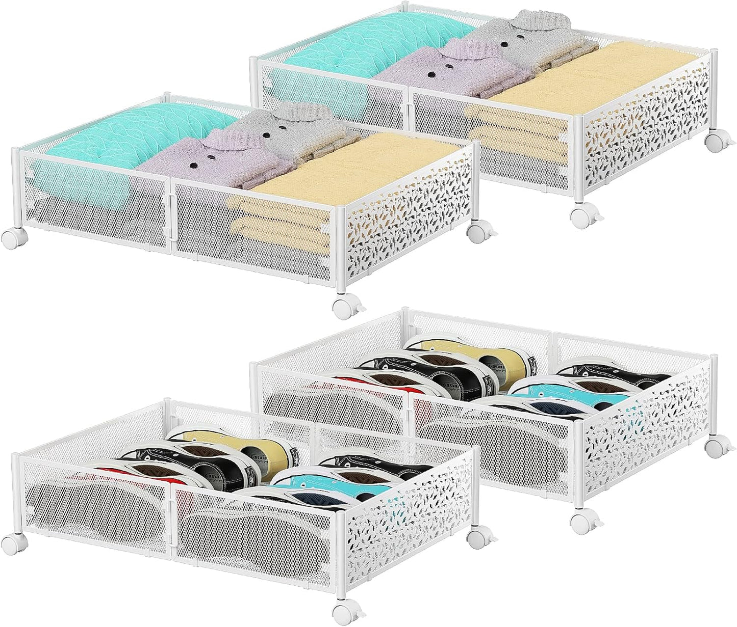 PHINOX Under Bed Storage Containers with Wheels, Under Bed Shoe Storage Organizer Drawer, Tool-free Assembly Metal Storage Containers for Bedroom Clothes Shoes Blankets -2PCK