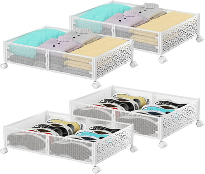 PHINOX Under Bed Storage Containers with Wheels, Under Bed Shoe Storage Organizer Drawer, Tool-free Assembly Metal Storage Containers for Bedroom Clothes Shoes Blankets -2PCK