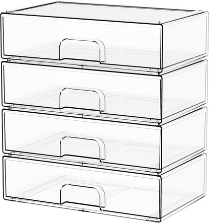 Yieach 4 Pack Clear Stackable Storage Drawers,4.4'' Tall Acrylic Drawer Containers for Organizing,Bathroom Organizers and Storage Bin Box,Plastic Makeup,Medicine Organizer Bins for Cabinet,Undersink