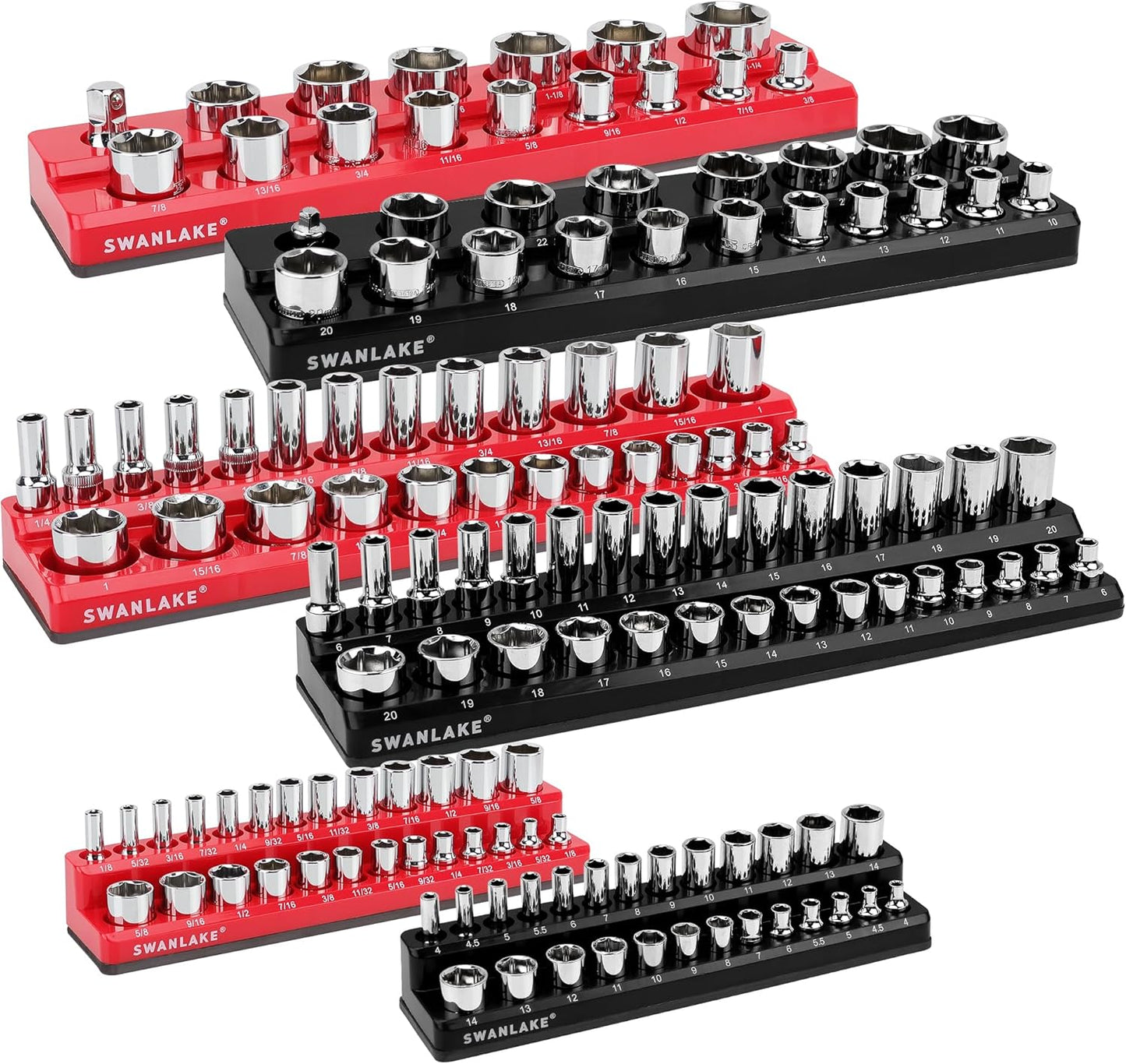 Magnetic Socket Organizer Set, 6PCS Socket Holder, 1/4", 3/8", 1/2" Sockets Holds 143 Pieces Magnetic Sockets Trays (Blue&red, 6 Pcs)