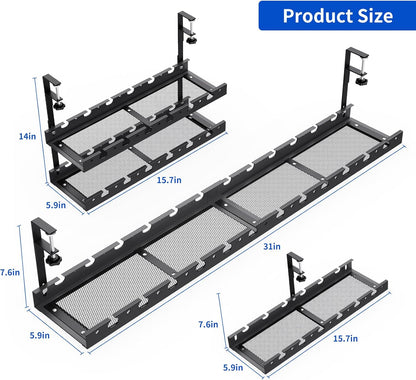31Inch Extendable Under Desk Cable Management Tray Multi-Model Metal Cable Management Tray Under Desk Cord Management with Clamp Power Strip Cord Holder for Wire Cable Management