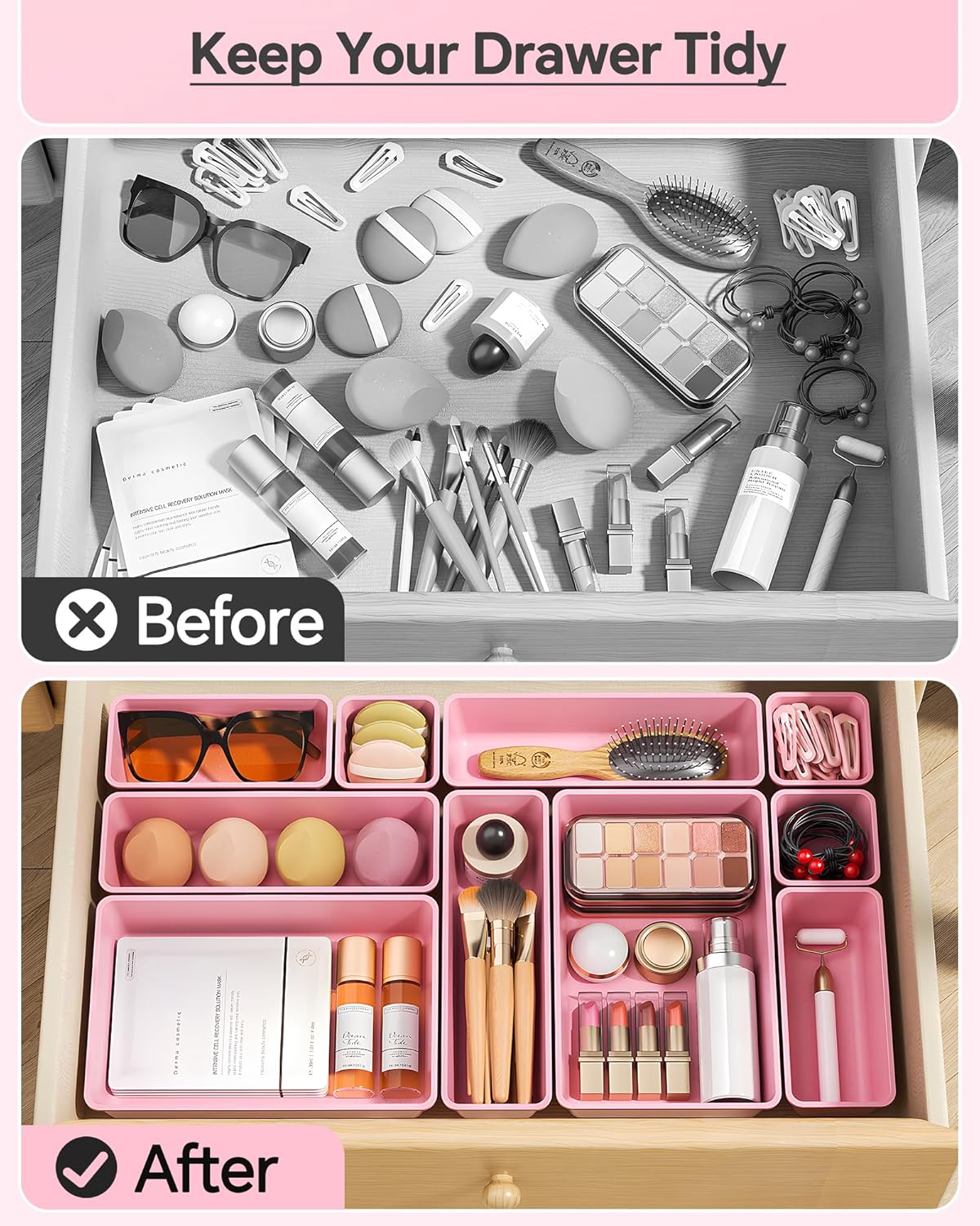 KEMETHY 25 PCS Plastic Drawer Organizers Set, 4 Sizes Vanity Organizer, Makeup and Desk Drawer Organizer Trays, Organization and Storage for Makeup, Bathroom, Kitchen Utensils and Office (Black)