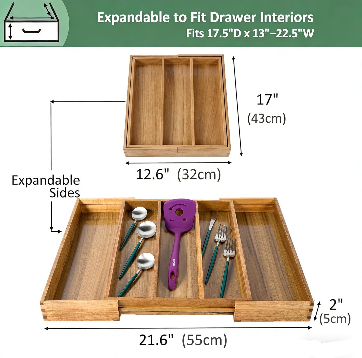 Utoplike Bamboo Expandable Kitchen Drawer Organizer, Adjustable Utensil Holder and Cutlery Tray Organiser, Drawer Divider for Silverware, Flatware, Knives in Kitchen, Bedroom, Living Room, 5 Slot