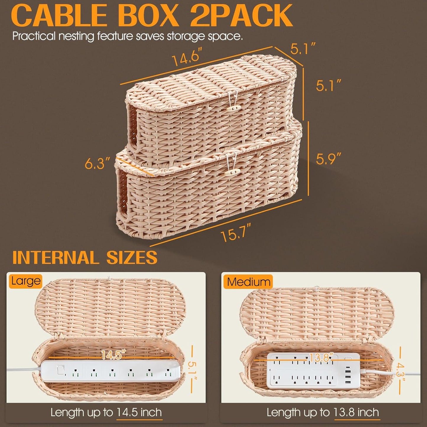 FairyHaus Cable Management Box 2Pack Caramel, Handwoven Large and Small Cable Organizer Box Cover to Hide Cords and Power Strip, Imitation Wicker Cord Organizer Box Hider for Office Desk and Floor