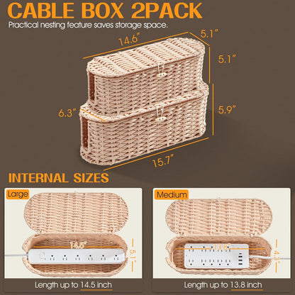 FairyHaus Cable Management Box 2Pack Caramel, Handwoven Large and Small Cable Organizer Box Cover to Hide Cords and Power Strip, Imitation Wicker Cord Organizer Box Hider for Office Desk and Floor