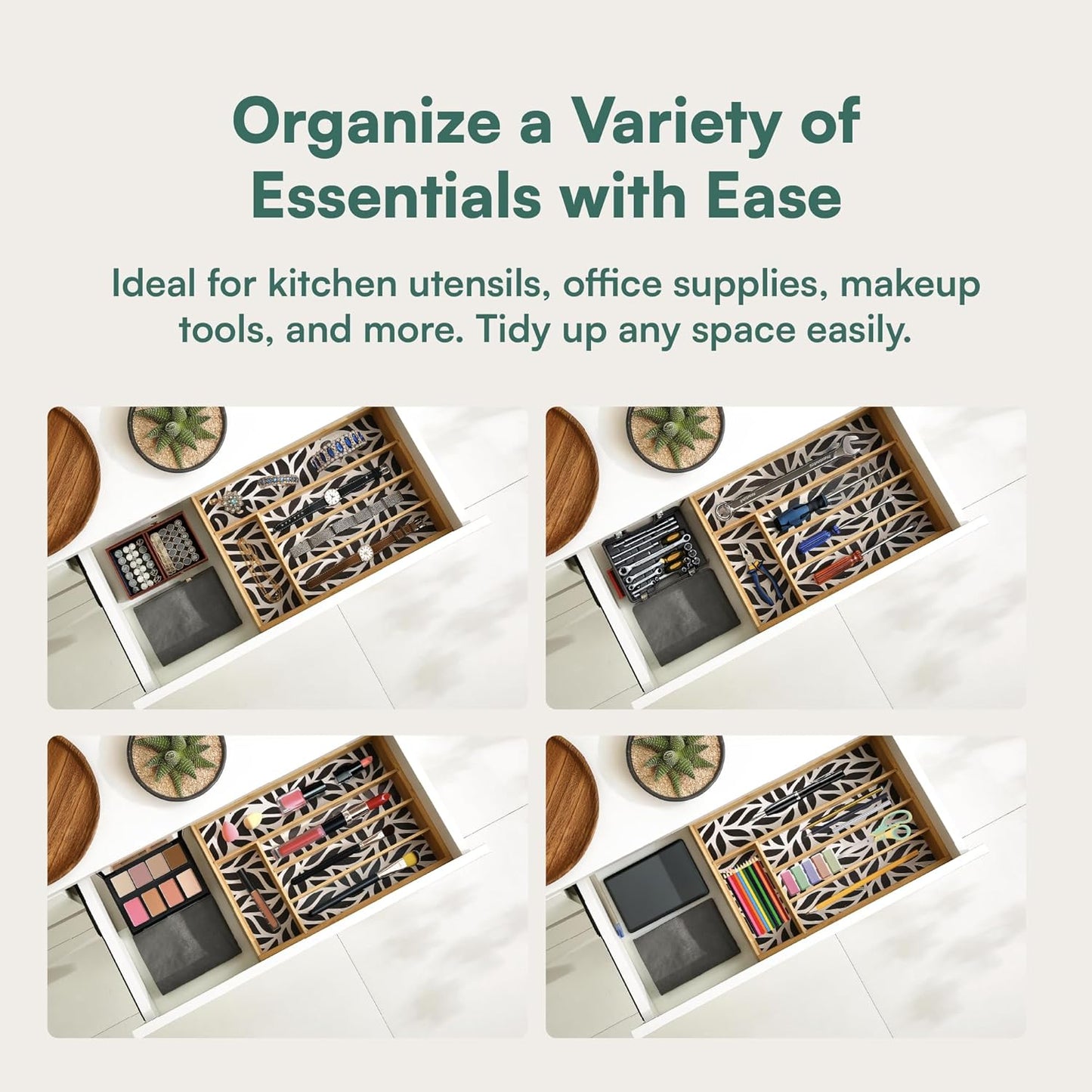 Pristine Bamboo Expandable Drawer Organizers for Kitchen - Extra Deep Non-Slip 17” x 14.6” (expands up to 25 inches) - Dark Wooden Silverware Divider (10 Compartments) – Organize Cooking Utensils