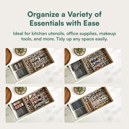 Pristine Bamboo Expandable Drawer Organizers for Kitchen - Extra Deep Non-Slip 17” x 14.6” (expands up to 25 inches) - Dark Wooden Silverware Divider (10 Compartments) – Organize Cooking Utensils