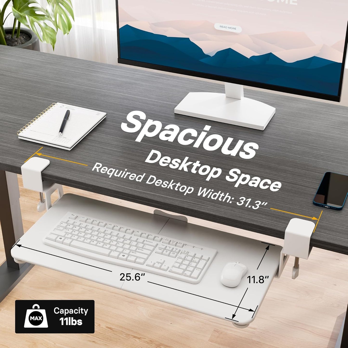 BONTEC KMT01 Under Desk Keyboard Tray, Pull-Out Keyboard & Mouse Platform with C-Clamp, 25.6 x 11.8 in Space-Saving Ergonomic Slide-Out Drawer, Black