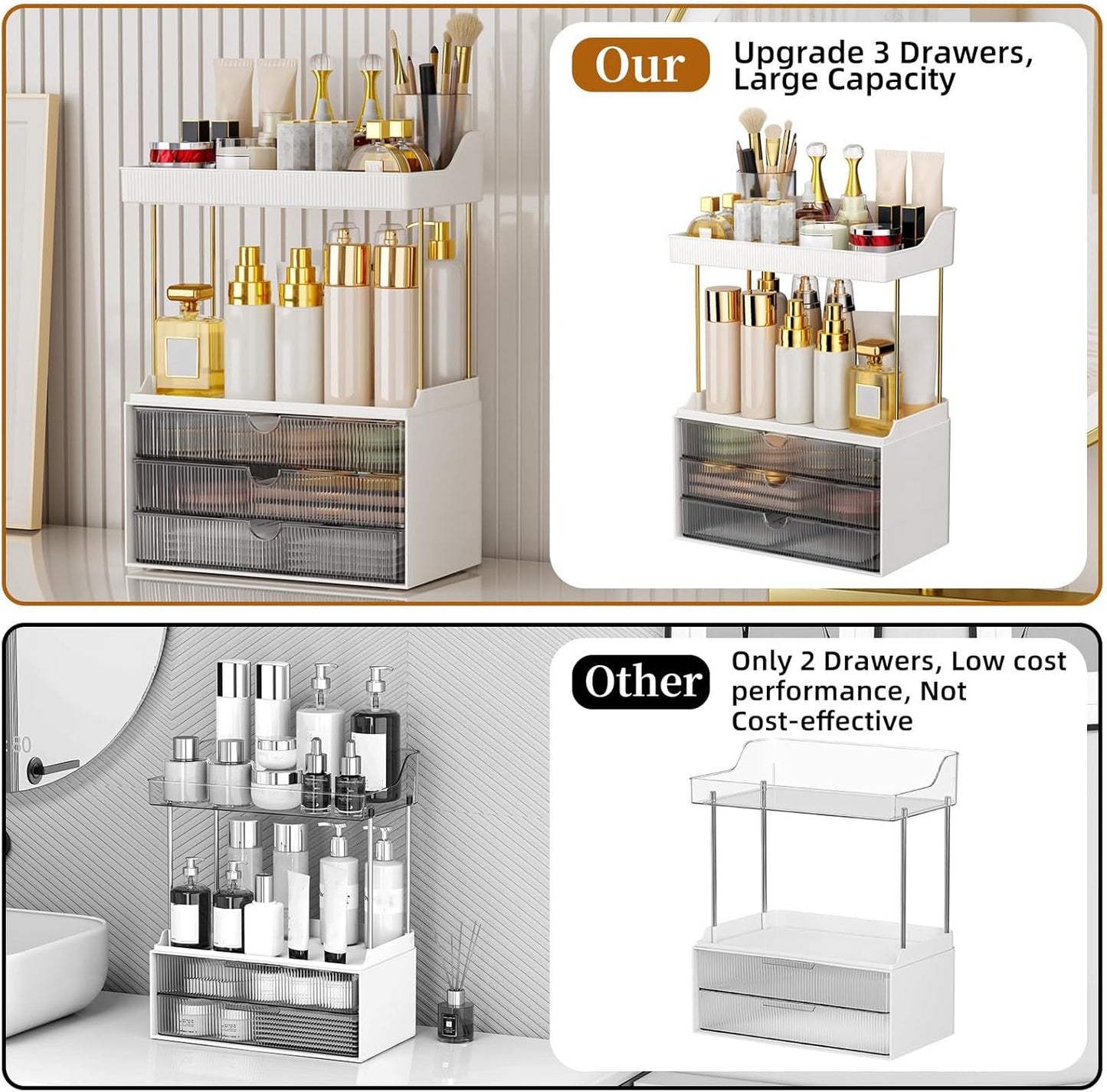 StorBin 3 Large Drawers Makeup Organizer - 5 Tier Bathroom Counter Organizers and Storage, Versatile Perfume Vanity Organizer, Ideal for Cosmetic, Large Skincare, Face Mask, Office Supplies, Amber