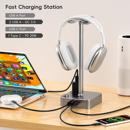 COZOO Headphone Stand with USB Charger Desktop Gaming Headset Holder Hanger with 3 USB Charging Station and 2 Outlets Power Strip,Suitable for Gaming, DJ,Wireless Earphone Display, Gamer Gifts for Men