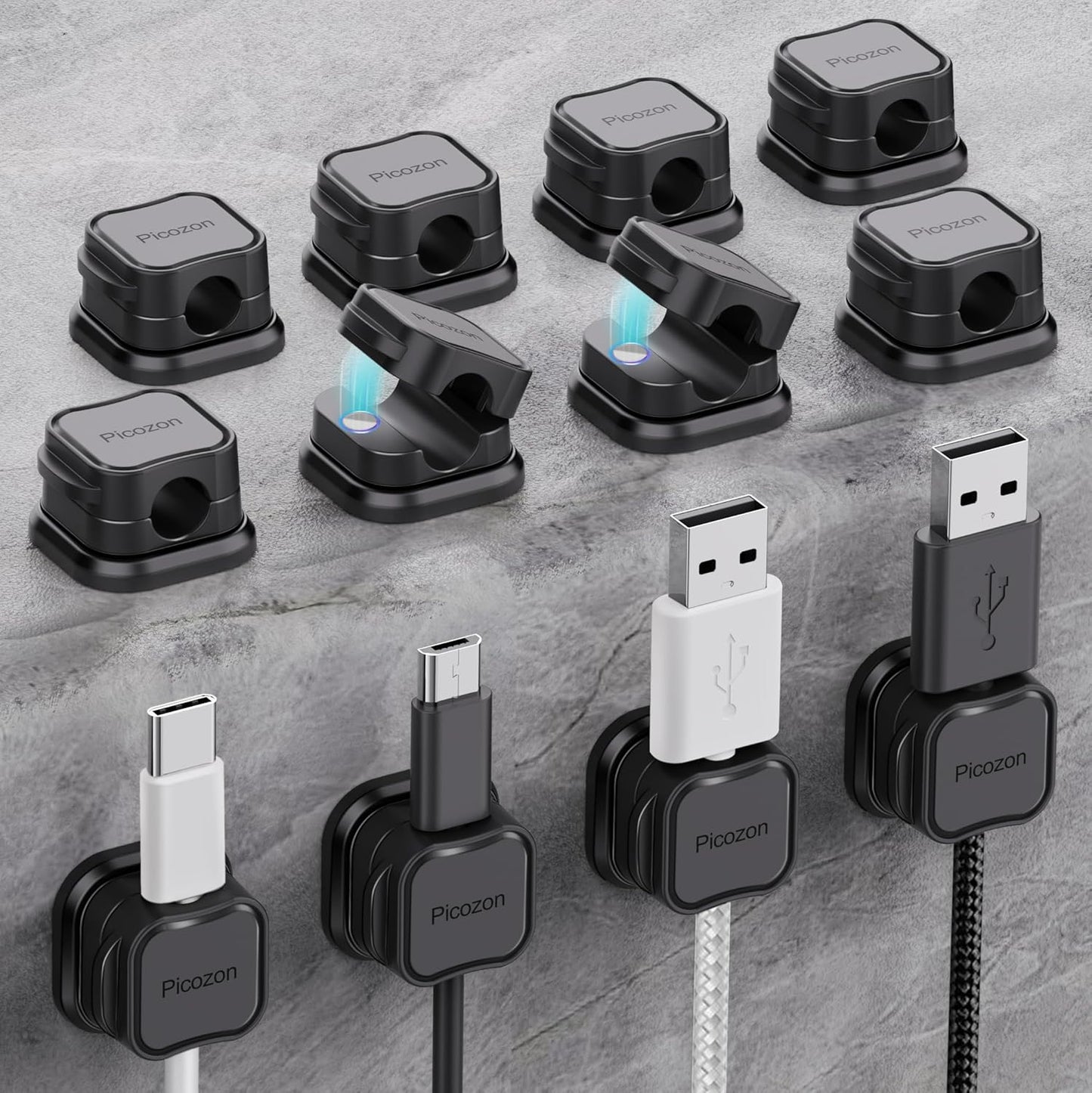 48 Pack Magnetic Cable Clip Organizer Cord Holder, Picozon Adhesive Cable Management, Wire Phone USB Charger Cable Holder, Keeper Organizer for Office Home Desktop Table - Black