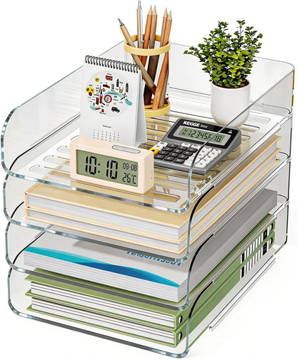 HIYOHIYO Office Acrylic Clear A4 Paper Organizer for Desk, Stackable Office Desk Paper Organizer, Large Capacity Desktop Papers Tray Holder, Organizer for A4 File Folder, 4 Tier Vertical Style