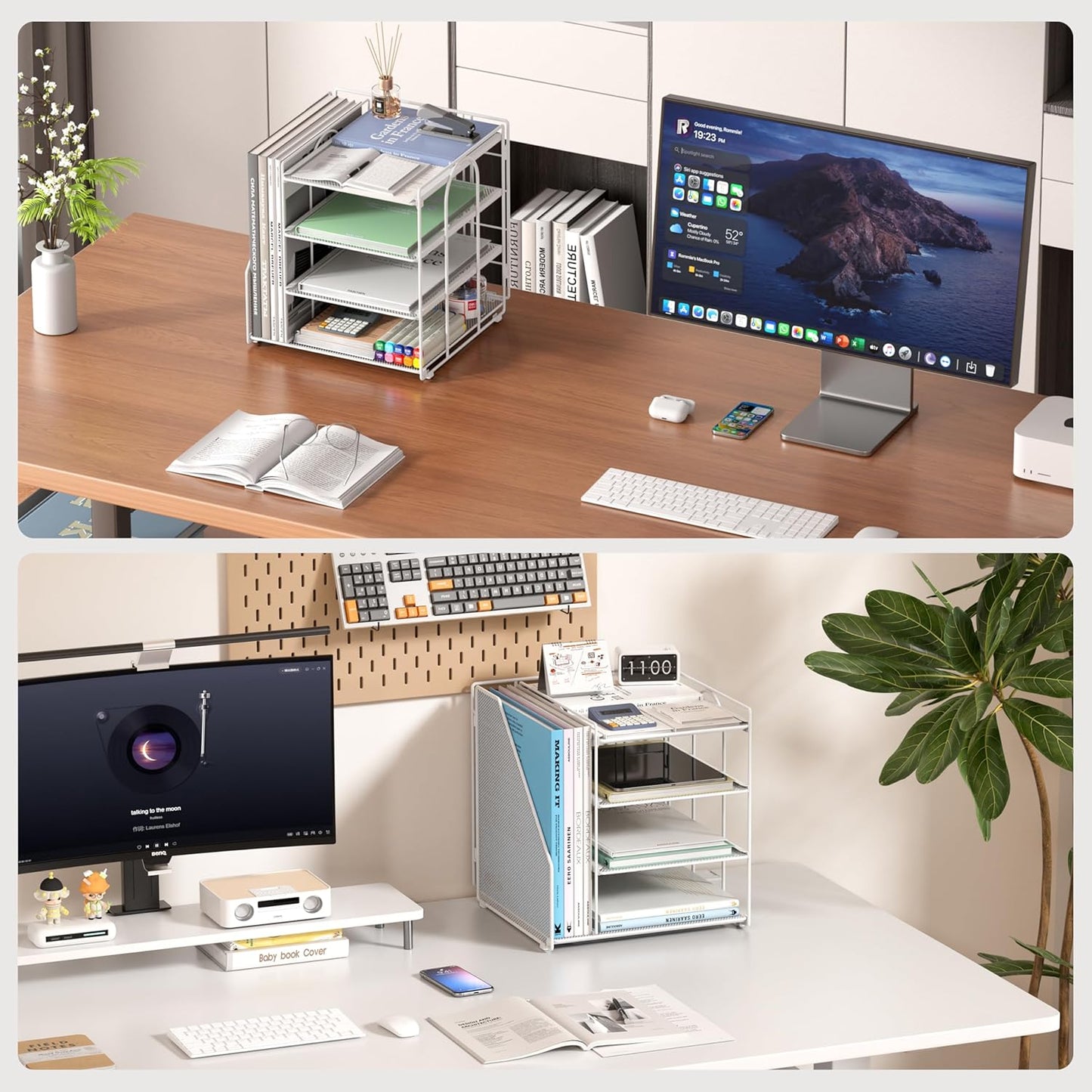 Desk Organizer, 4-Tier Metal File Organizer for Desk with Vertical File Holder, Office Accessories and Desktop Storage for Office Supplies (Black)