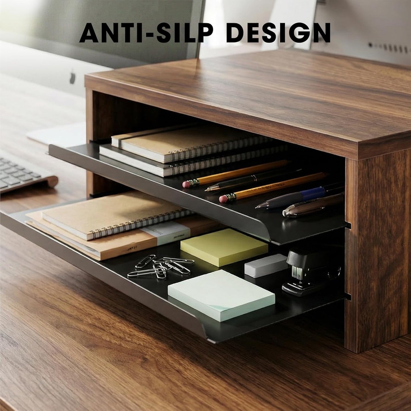 Fenge Monitor Stand, 3-Tier Monitor Riser with Slide-Out Tray, Wooden and Metal Desktop Organizer for Home Office, Computer, Laptop, Printer, Telephone