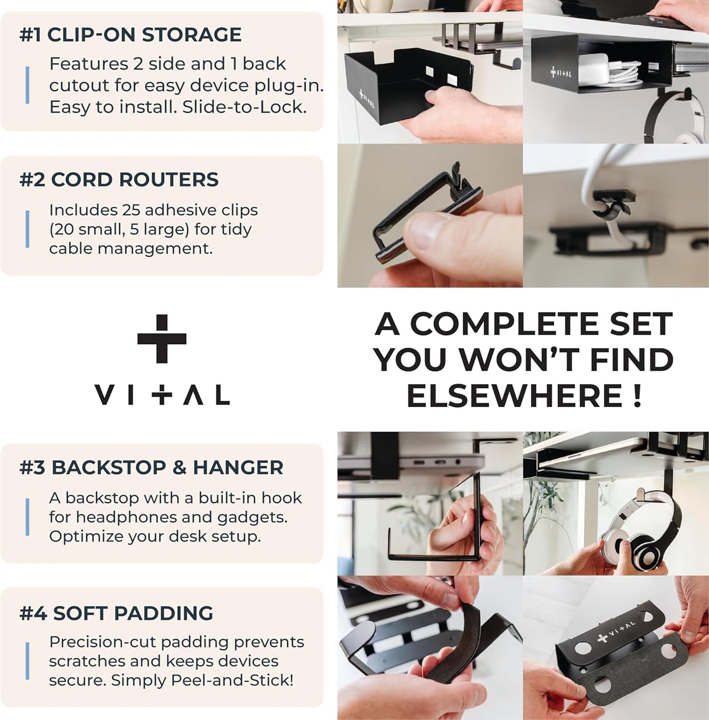 VI+AL Under Desk Laptop Mount - Hidden Metal Shelf with Side Storage, Hook & Cable Organizer - Installs with Tape & Screws - Fits Devices up to 1.7" Thick - Deluxe + LED (USB Light Strip & Remote)