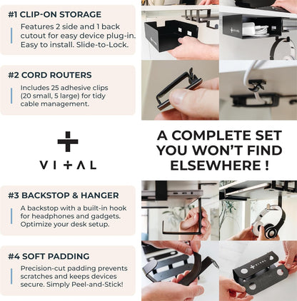 VI+AL Under Desk Laptop Mount - Hidden Metal Shelf with Side Storage, Hook & Cable Organizer - Installs with Tape & Screws - Fits Devices up to 1.7" Thick - Deluxe + LED (USB Light Strip & Remote)