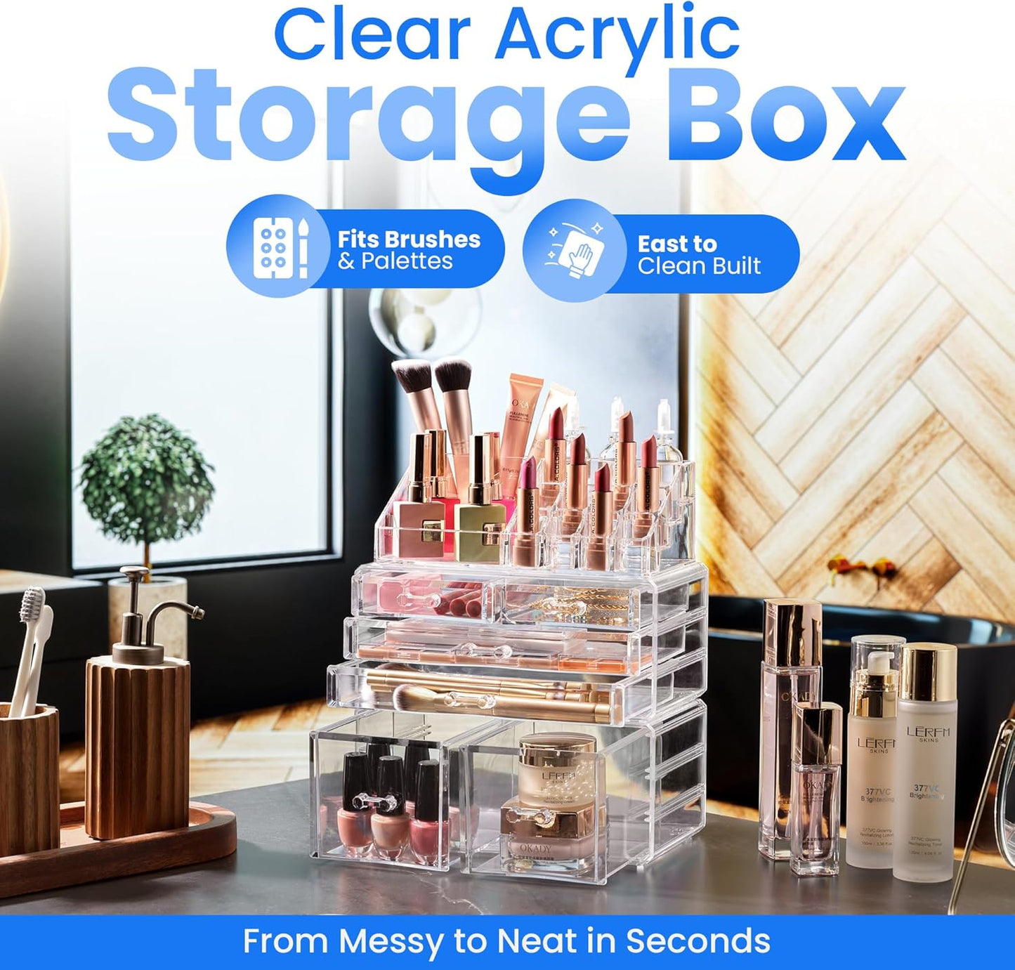 Masirs Clear Makeup Organizer - 16-Compartment Cosmetic and Jewelry Holder with 4 Drawers - Vanity Storage Box for Makeup, Skincare, Accessories, and Jewelry Display