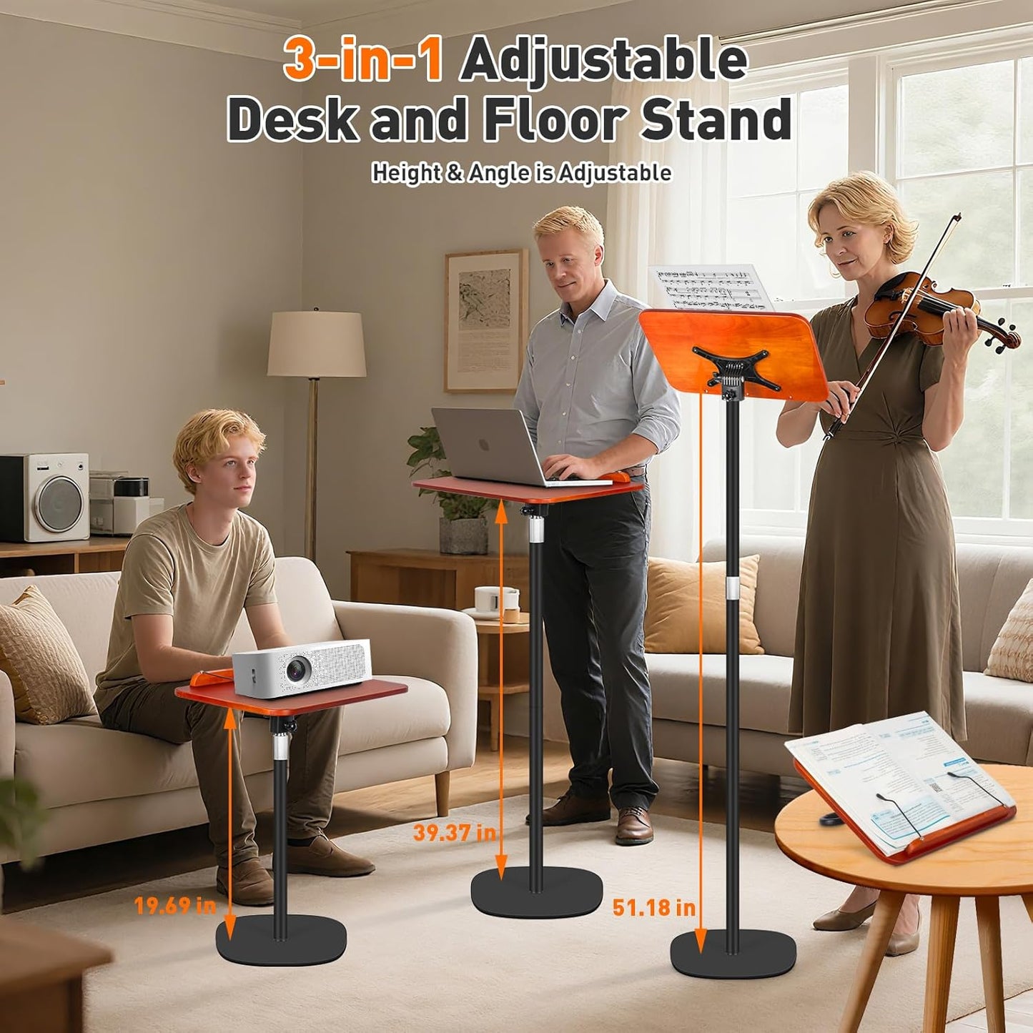 Floor Standing Book Stand, Foldable Book Holder for Reading with Page Clips, 19"–51" Height Adjustable, Sturdy Podium Stand for Reading, Bible, Laptop, Cookbooks, or Projector