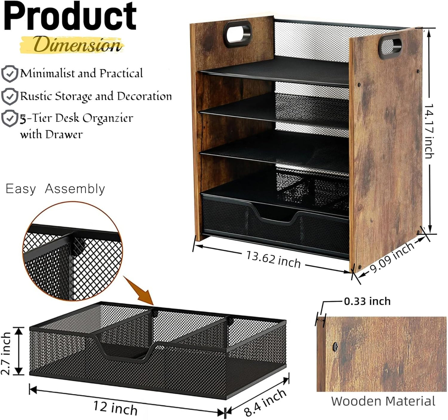 Wood Desk Organizer - 3-Tier Desktop File Organizer with Drawer, Wooden Paper Tray, Office Desk Organzier and Accessories for Papers, Mail, Notebooks, Stationery