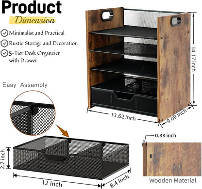 Wood Desk Organizer - 3-Tier Desktop File Organizer with Drawer, Wooden Paper Tray, Office Desk Organzier and Accessories for Papers, Mail, Notebooks, Stationery