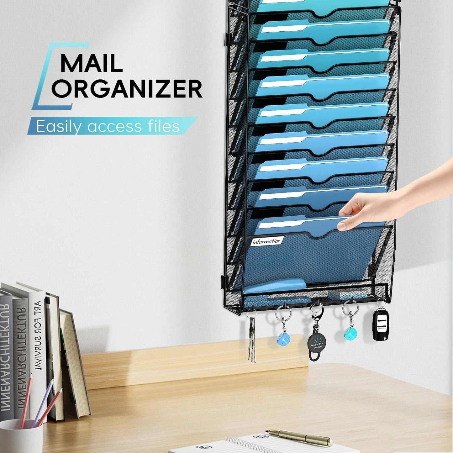 5 Tier Wall File Organizer - Hanging File Organizer with 5 Hooks, Mail Holder Wall Mounted for Papers, Folders, Magazines, Bills, Office&School Organization, Black