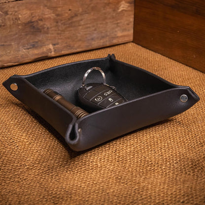 Valet Tray – Full-Grain Leather Catchall Organizer for Keys, Phone & Wallet – Rustic Nightstand & Desk Tray with Raised Sides – Handmade in USA (Vintage Brown, Small Rectangle)