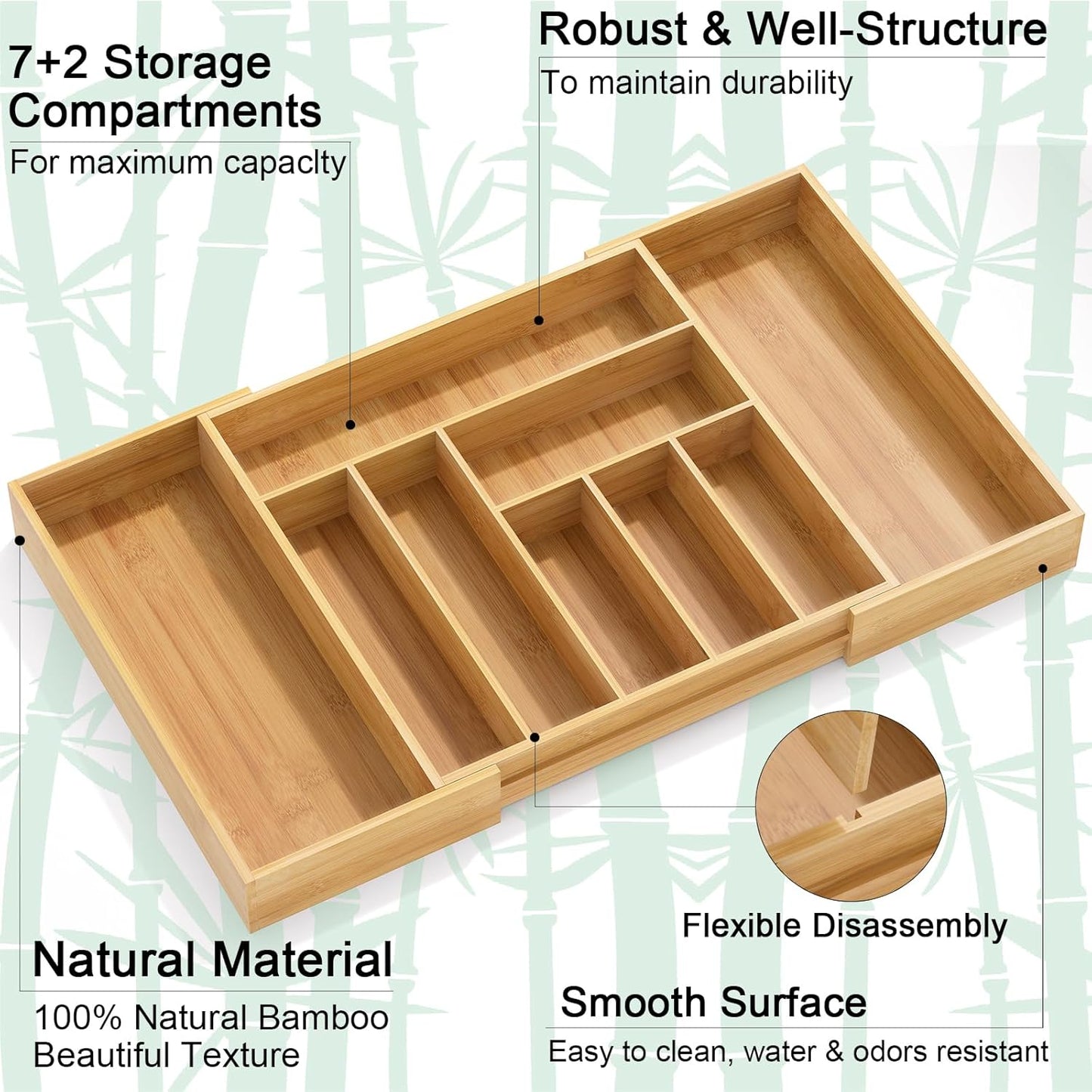 Youpehom Bamboo Utensil Organizer for Kitchen Drawers, Expandable Utensil Tray and Cutlery Silverware Holder,Wood Drawer Dividers with 7 Adjustable Slots