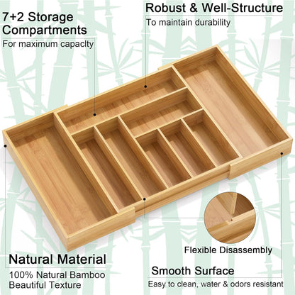 Youpehom Bamboo Utensil Organizer for Kitchen Drawers, Expandable Utensil Tray and Cutlery Silverware Holder,Wood Drawer Dividers with 7 Adjustable Slots