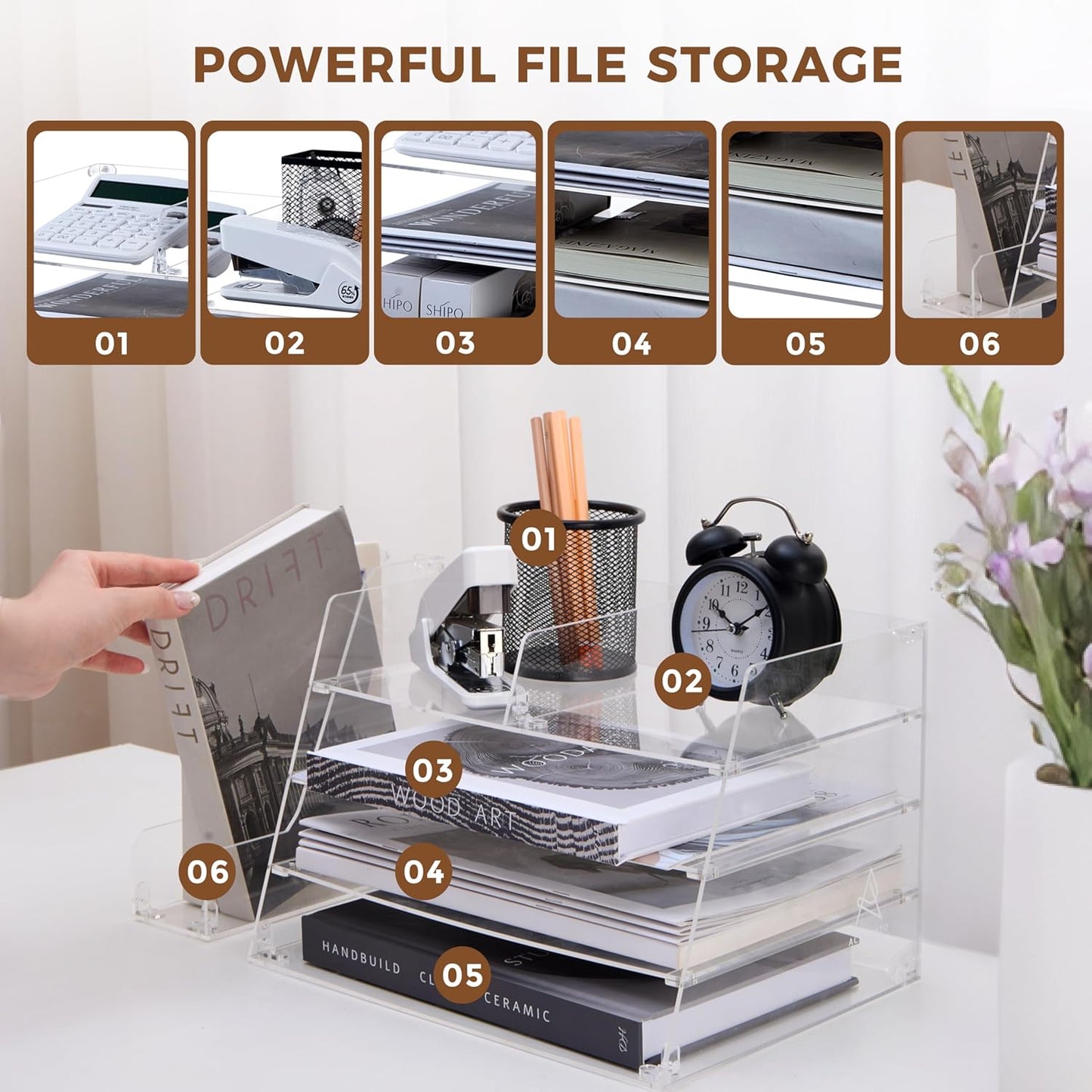 Acrylic Desk Organizer - 4-Tier Tray with Vertical File Holder for Books, Stationary, Letter, Magazines, Documents, and File Organizer - Durable Space Saving Storage, For Home and Office